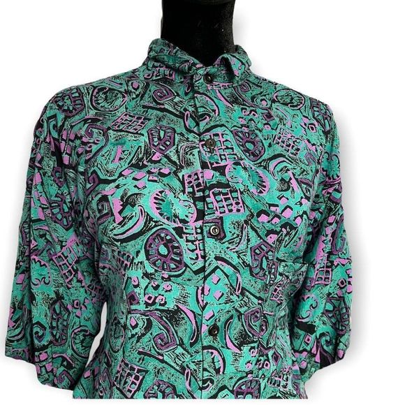 Bulletin Casual Button Up Shirt Men's Multicolor Large Retro Mixed Print Top VTG - Picture 4 of 6